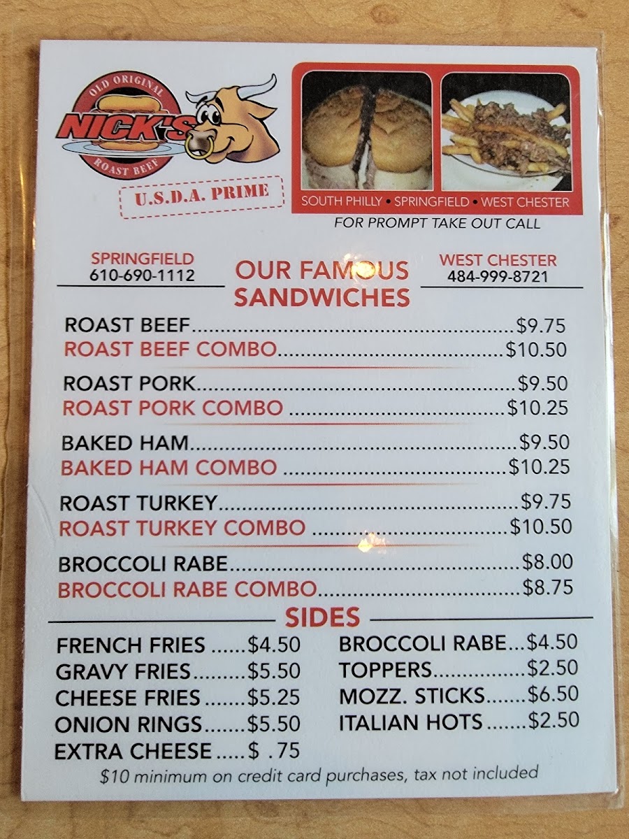 Old Original Nick's Roast Beef Menu - Image 1