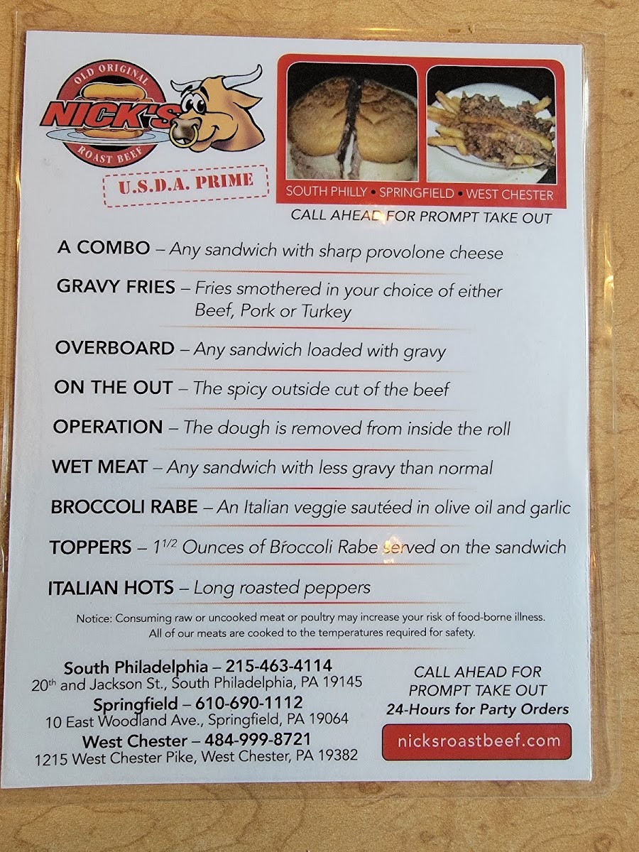 Old Original Nick's Roast Beef Menu - Image 2